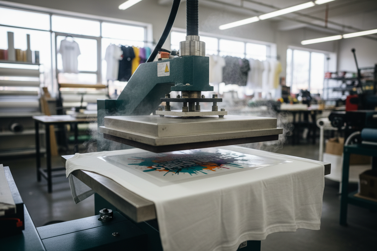 create me an image of direct to film being heat pressed on shirt